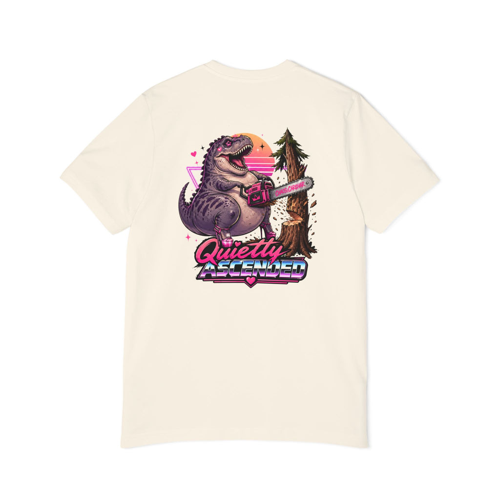 T-Shirt — "Quietly Ascended" Retro Dino Chainsaw Graphic Tee