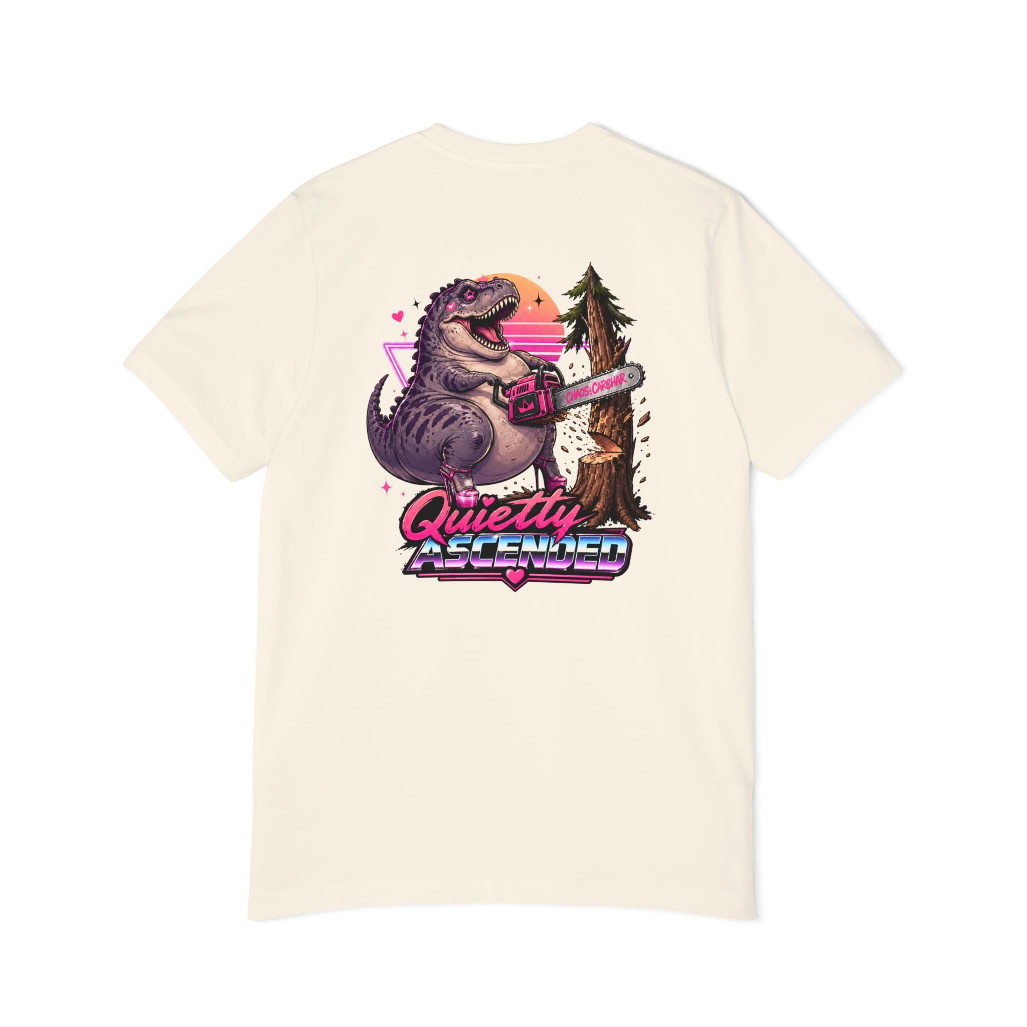 T-Shirt — "Quietly Ascended" Retro Dino Chainsaw Graphic Tee