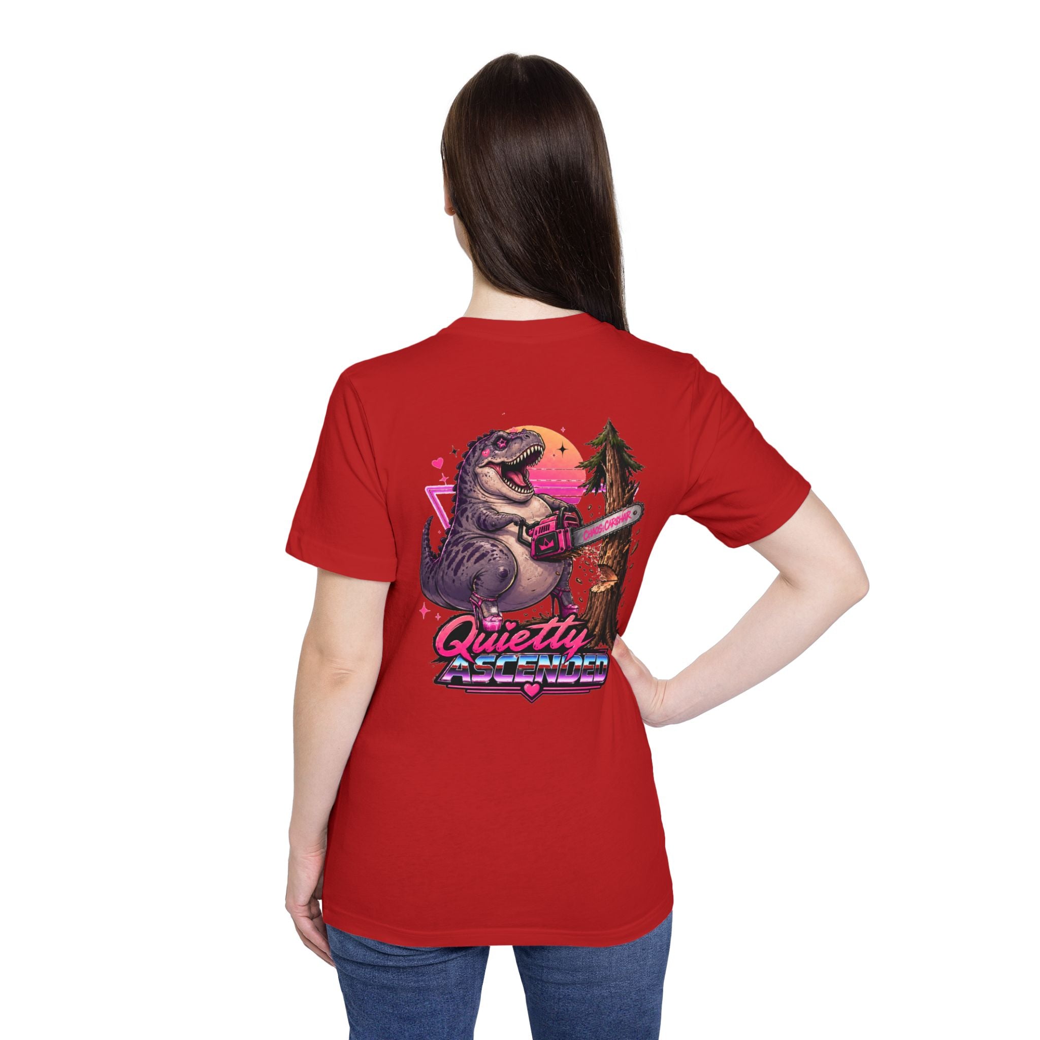 T-Shirt — "Quietly Ascended" Retro Dino Chainsaw Graphic Tee