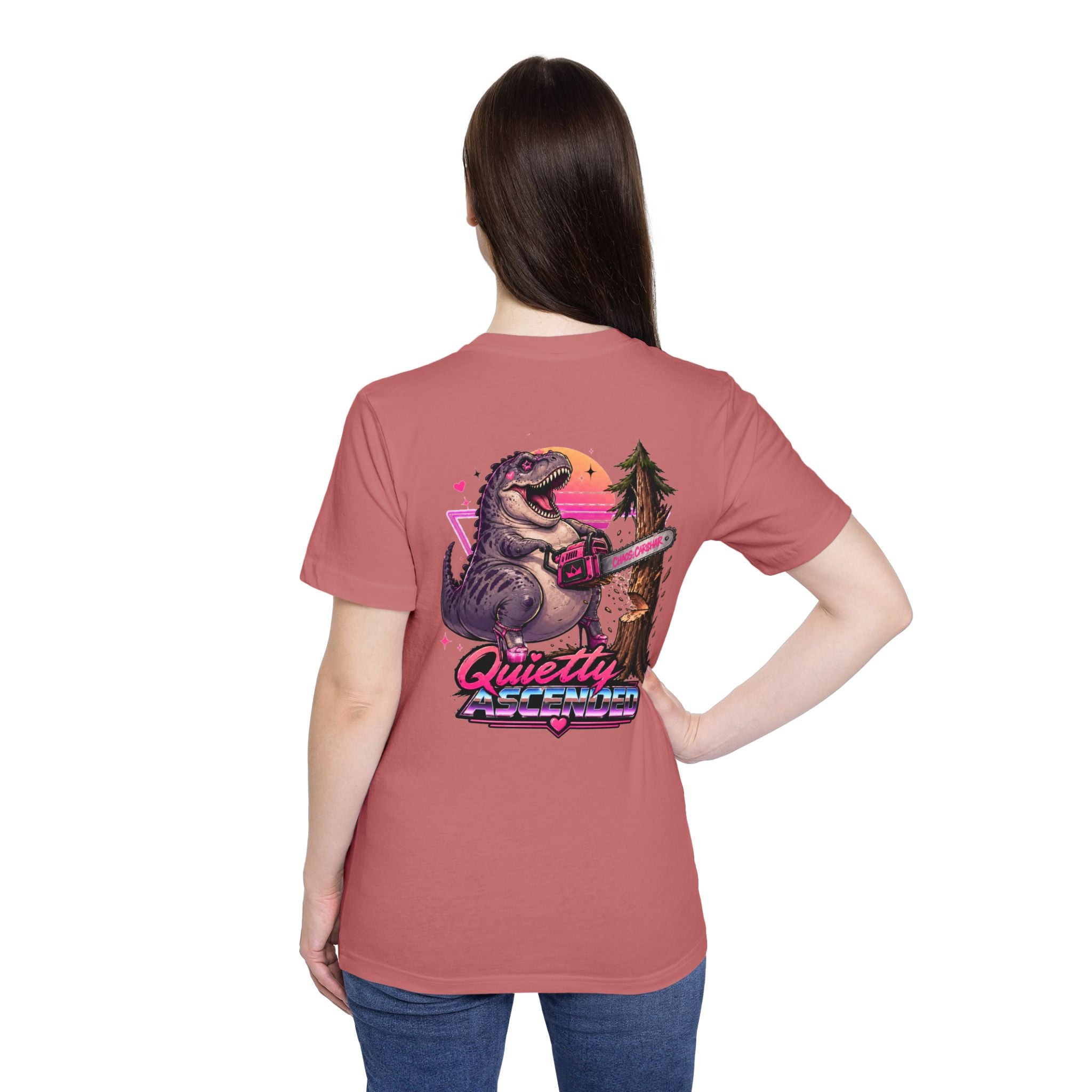 T-Shirt — "Quietly Ascended" Retro Dino Chainsaw Graphic Tee