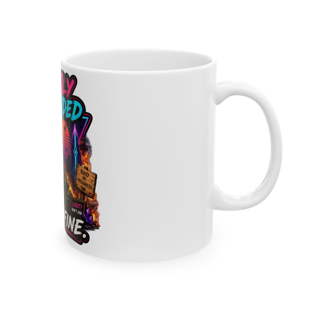 We're Fine Ceramic Mug — Server Admin Chibi T-Rex Dumpster Fire Cup