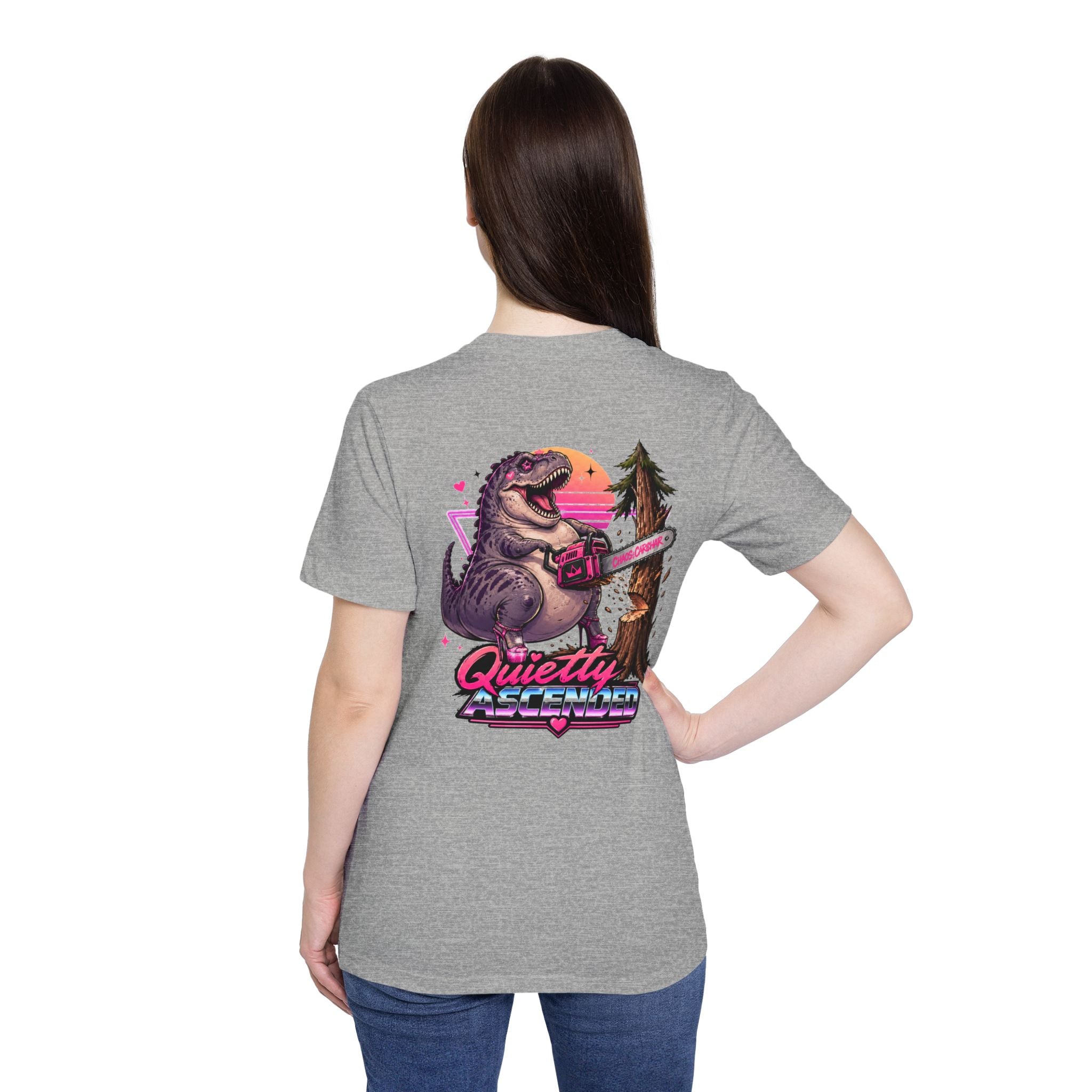 T-Shirt — "Quietly Ascended" Retro Dino Chainsaw Graphic Tee