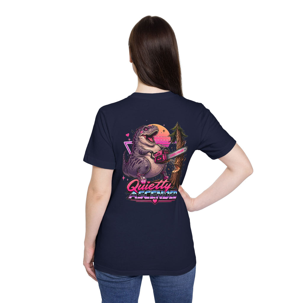 T-Shirt — "Quietly Ascended" Retro Dino Chainsaw Graphic Tee