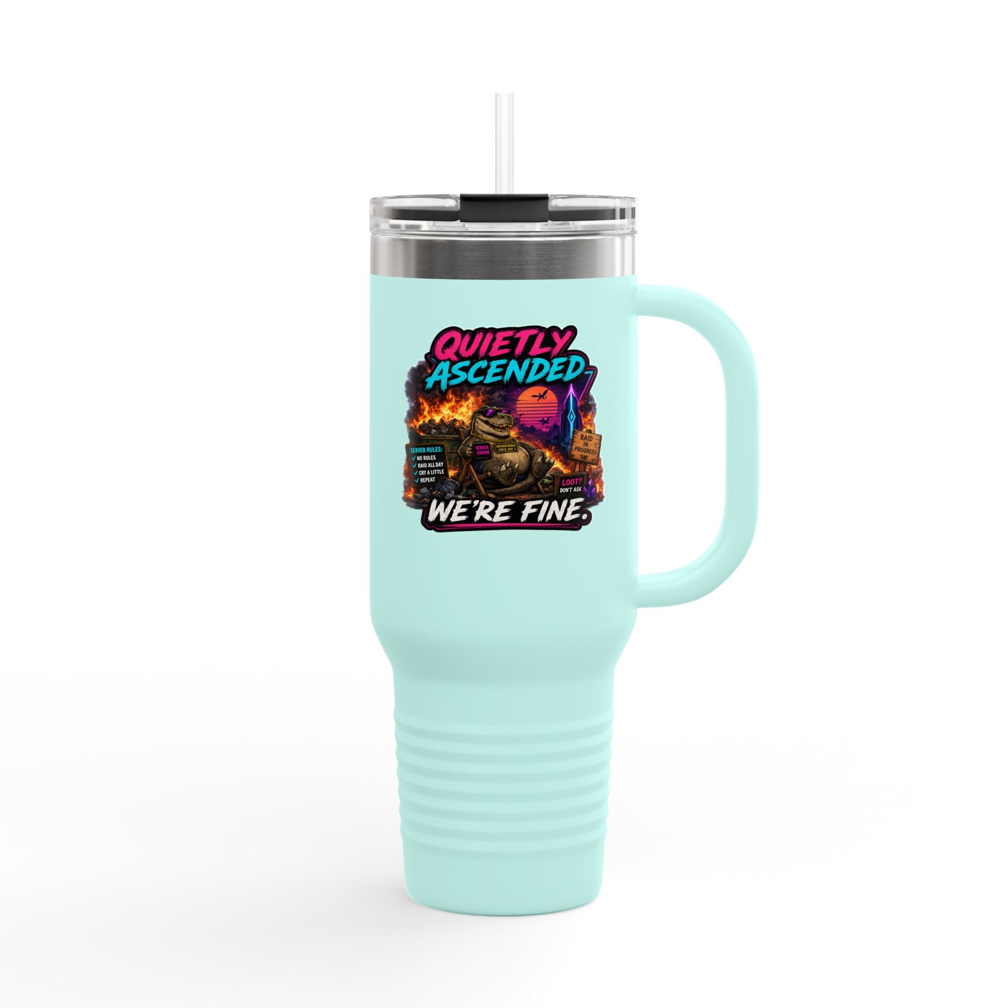 40oz Insulated Travel Mug — “Quietly Ascended, We’re Fine” Retro Gamer Vaporwave Design