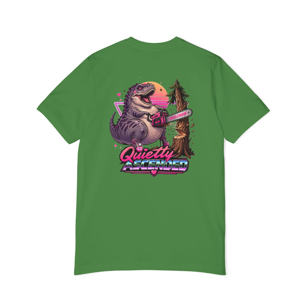 T-Shirt — "Quietly Ascended" Retro Dino Chainsaw Graphic Tee