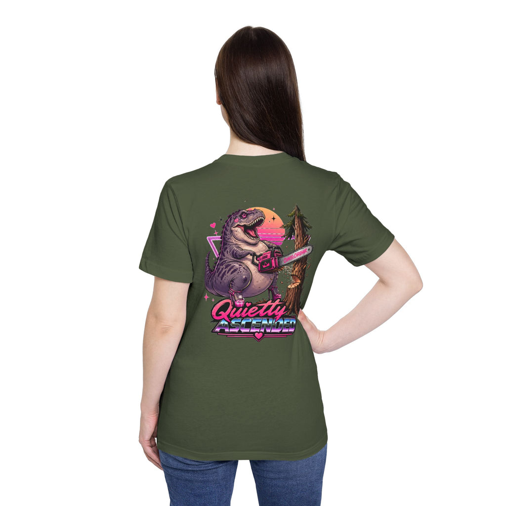T-Shirt — "Quietly Ascended" Retro Dino Chainsaw Graphic Tee