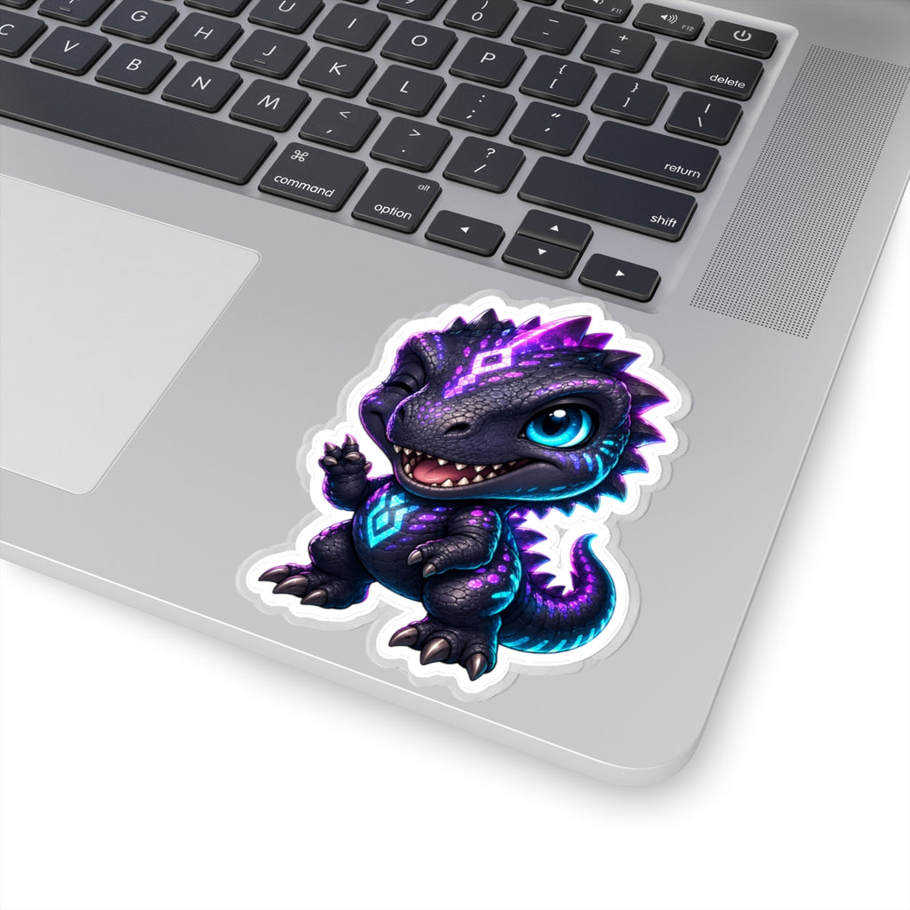 Hey Hey Hey T-Rex Sticker — Friendly Neon Chibi Dino Kiss-Cut Vinyl Decal