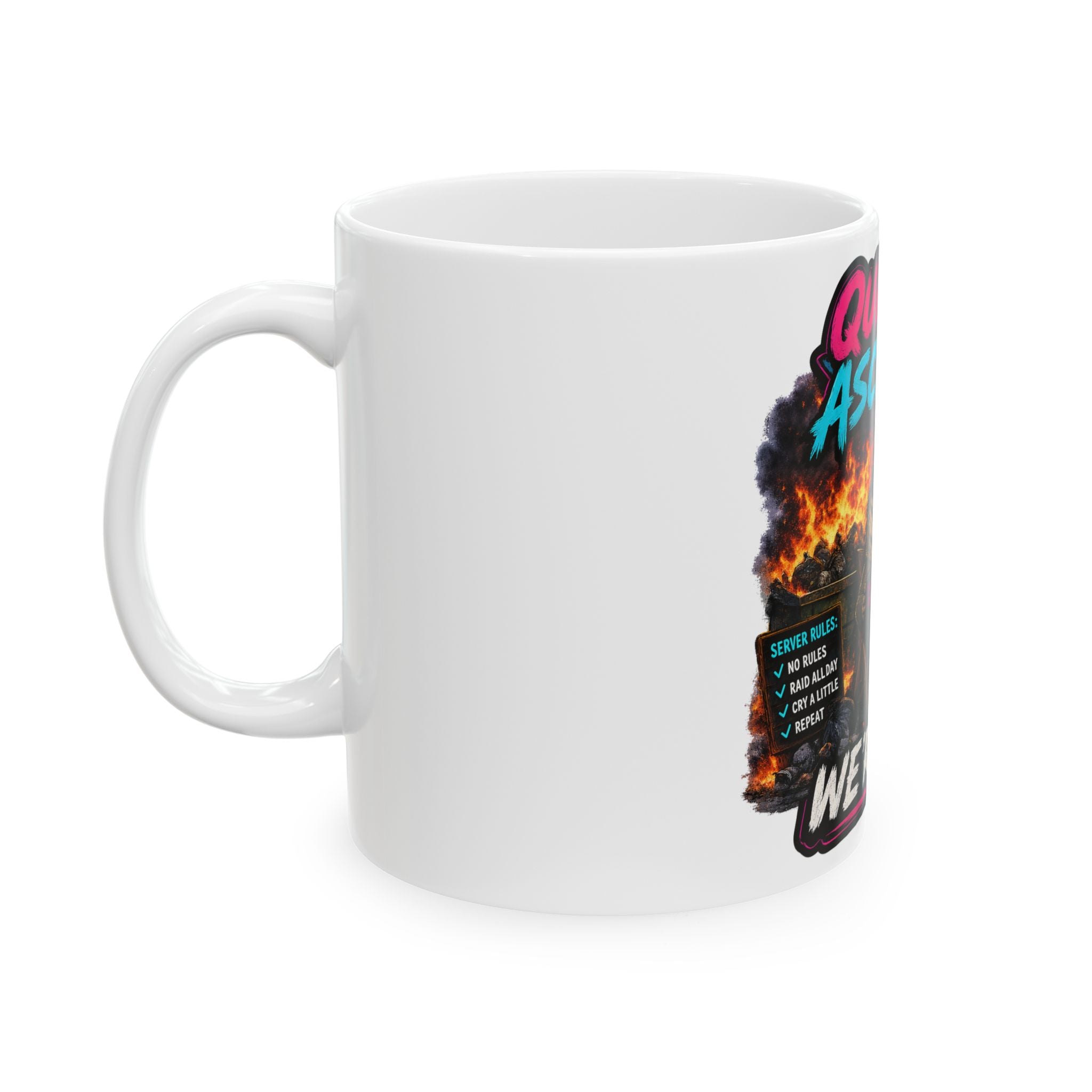 We're Fine Ceramic Mug — Server Admin Chibi T-Rex Dumpster Fire Cup