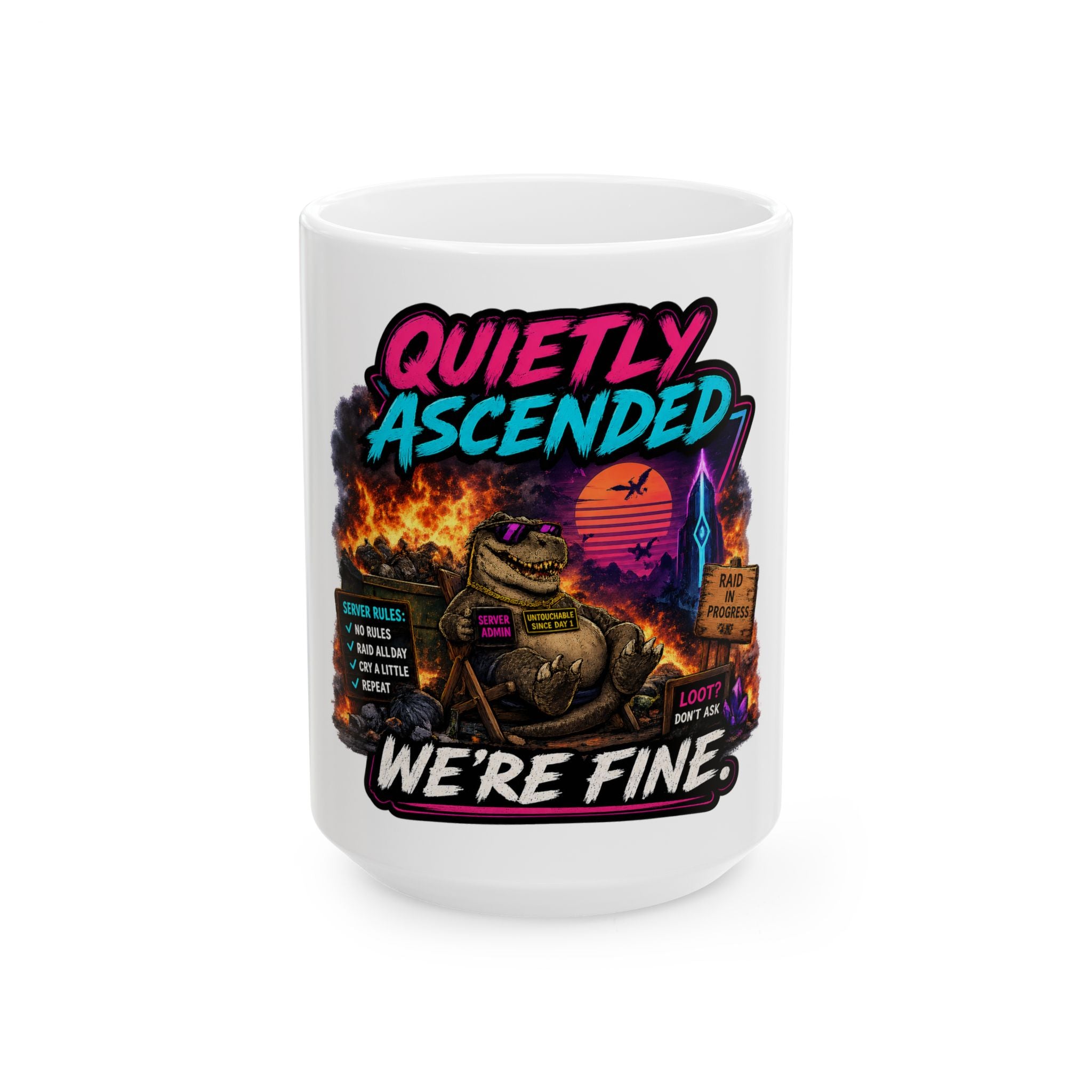 We're Fine Ceramic Mug — Server Admin Chibi T-Rex Dumpster Fire Cup