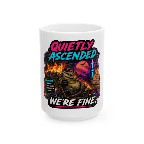 We're Fine Ceramic Mug — Server Admin Chibi T-Rex Dumpster Fire Cup