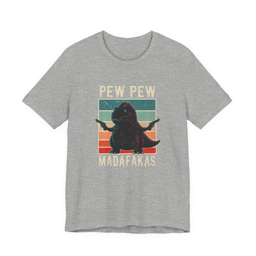 Pew Pew Madafakas T‑Shirt — Retro Dino with Guns Funny Graphic Tee