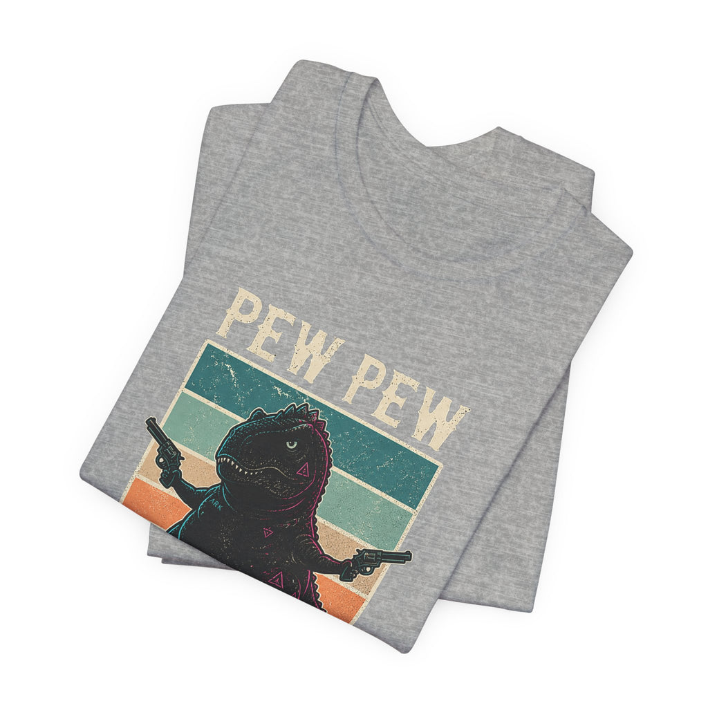 Pew Pew Madafakas T‑Shirt — Retro Dino with Guns Funny Graphic Tee