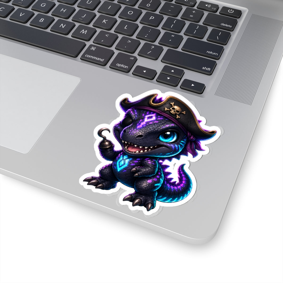 Pirate Dino Vinyl Sticker — Cute Neon T-Rex Pirate Kiss-Cut Decal