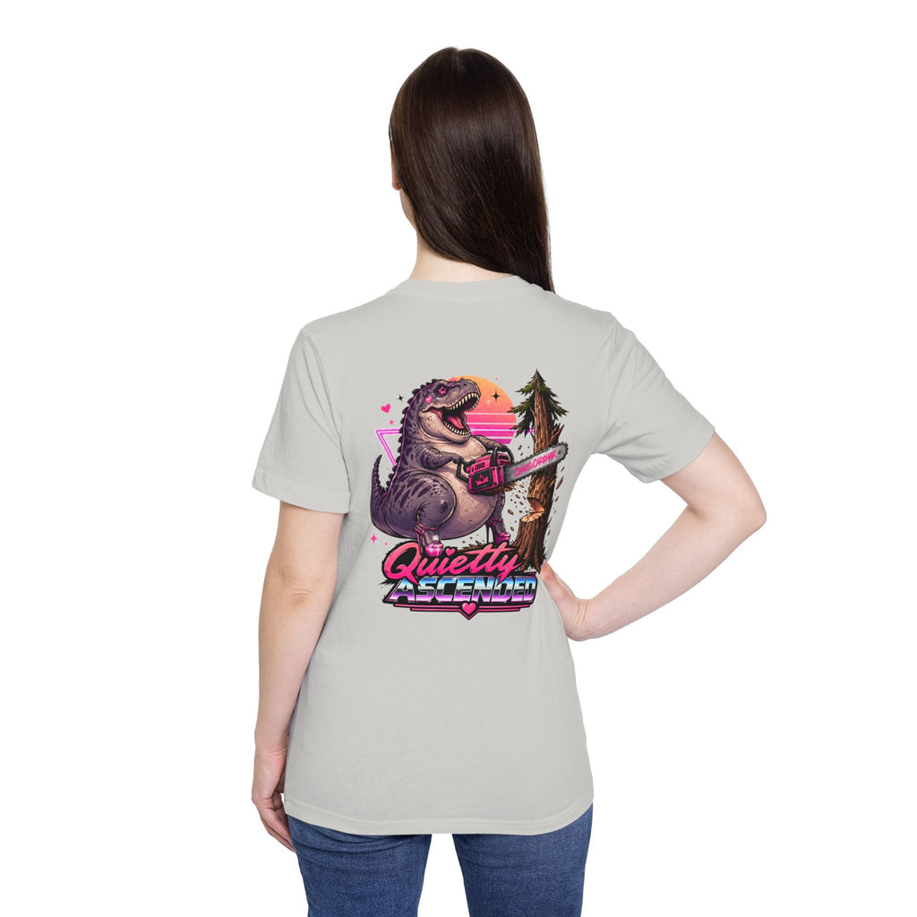 T-Shirt — "Quietly Ascended" Retro Dino Chainsaw Graphic Tee