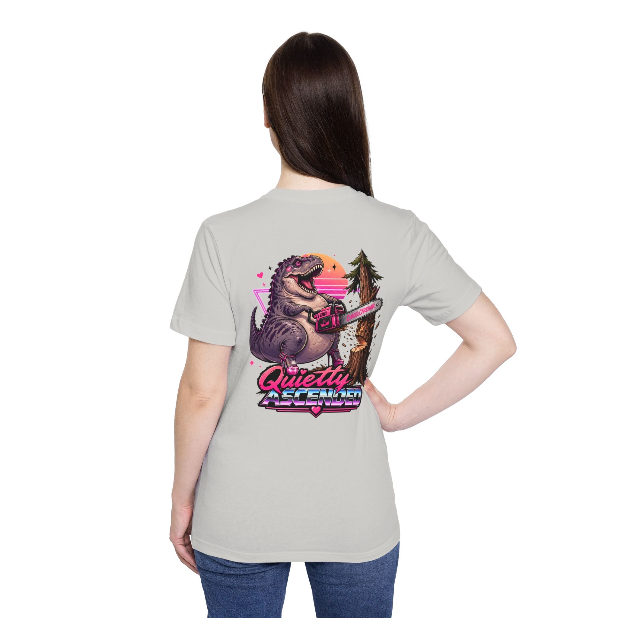 T-Shirt — "Quietly Ascended" Retro Dino Chainsaw Graphic Tee