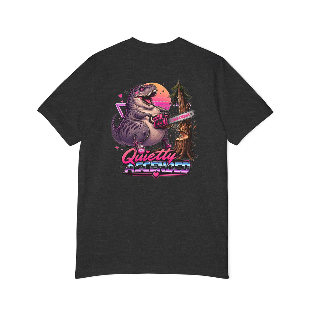 T-Shirt — "Quietly Ascended" Retro Dino Chainsaw Graphic Tee