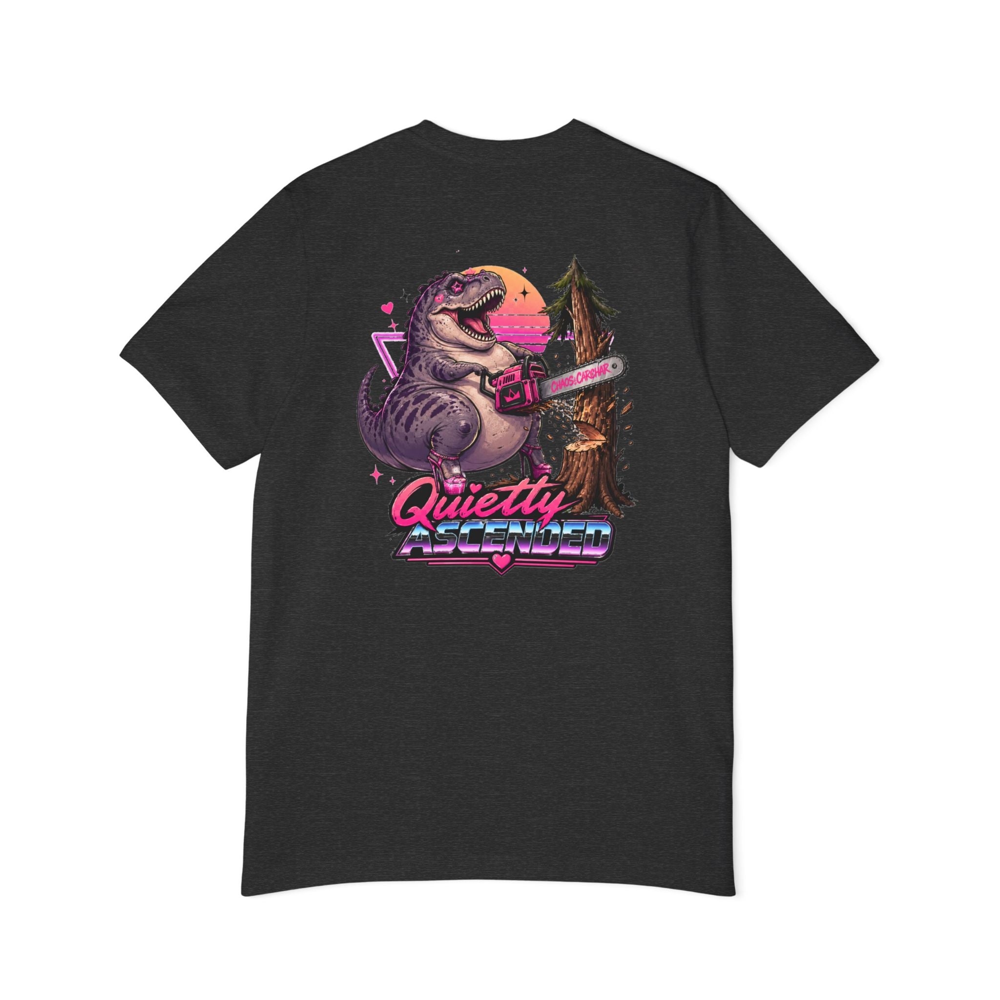 T-Shirt — "Quietly Ascended" Retro Dino Chainsaw Graphic Tee