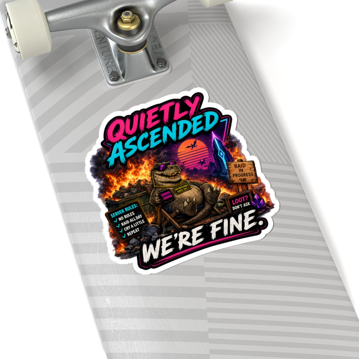 We're Fine Vinyl Sticker — Server Admin Chibi T-Rex Kiss-Cut Decal