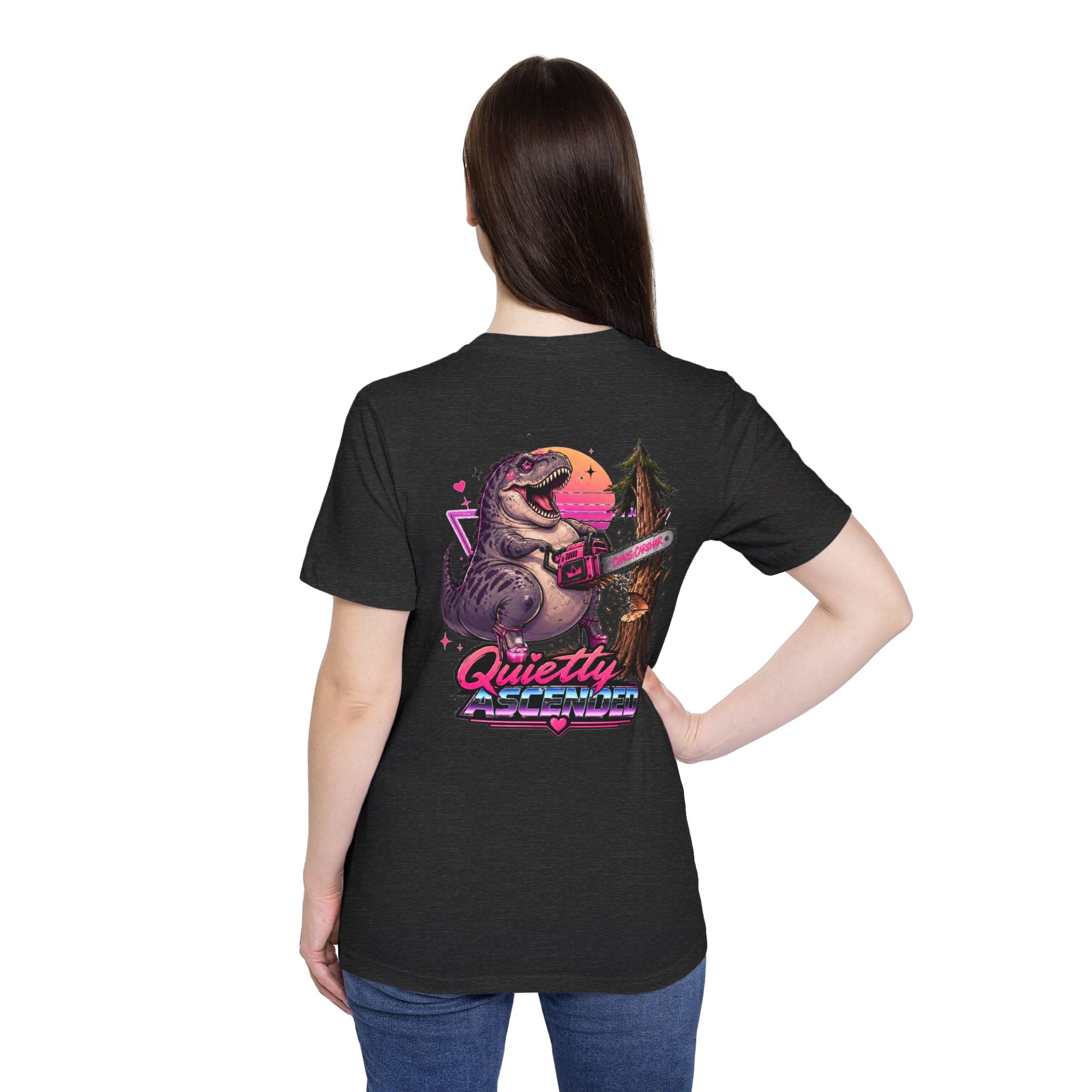 T-Shirt — "Quietly Ascended" Retro Dino Chainsaw Graphic Tee