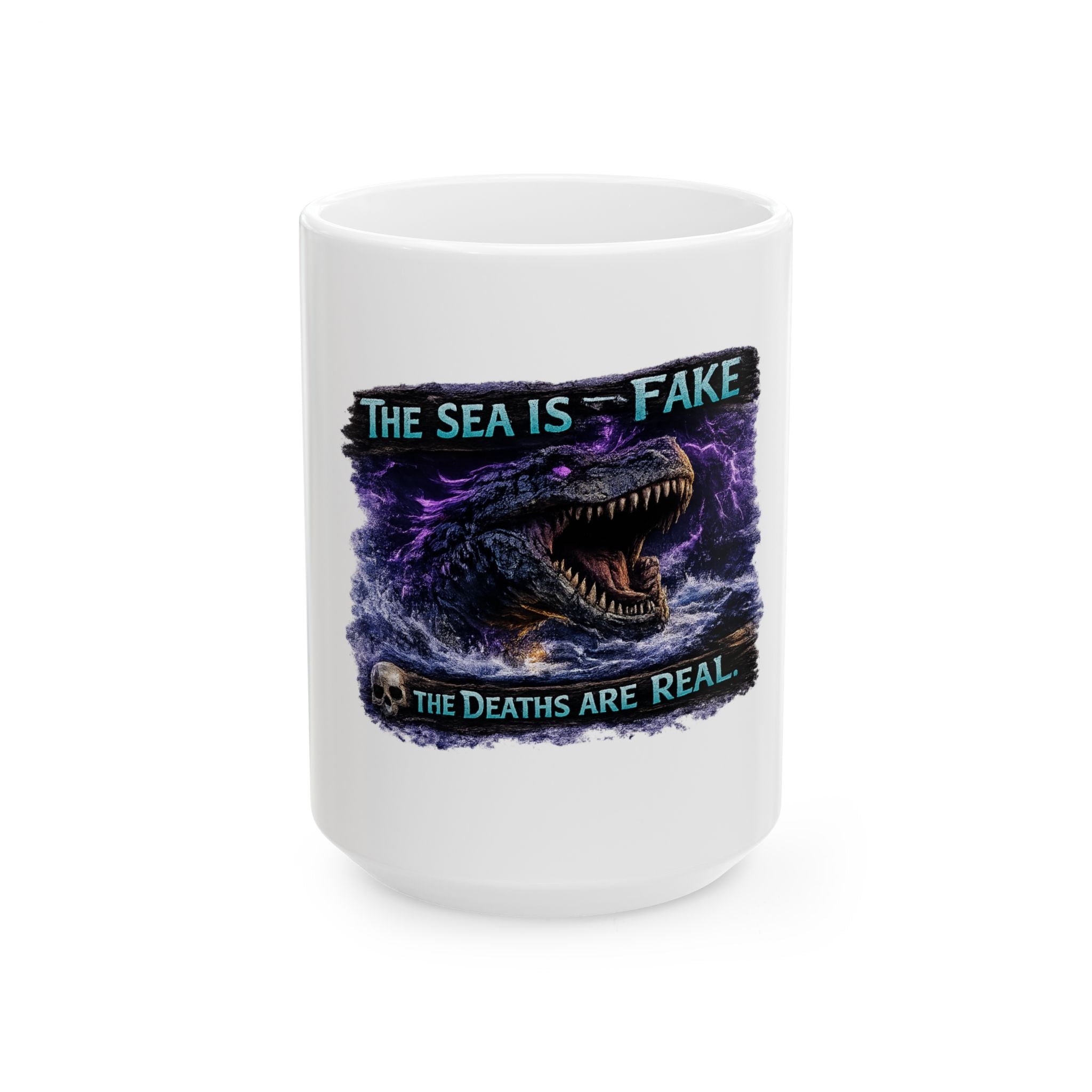 The Sea Is Fake Ceramic Mug — Lightning T-Rex Coffee Cup