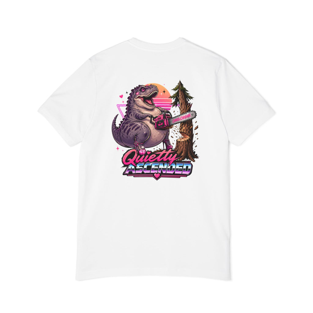 T-Shirt — "Quietly Ascended" Retro Dino Chainsaw Graphic Tee