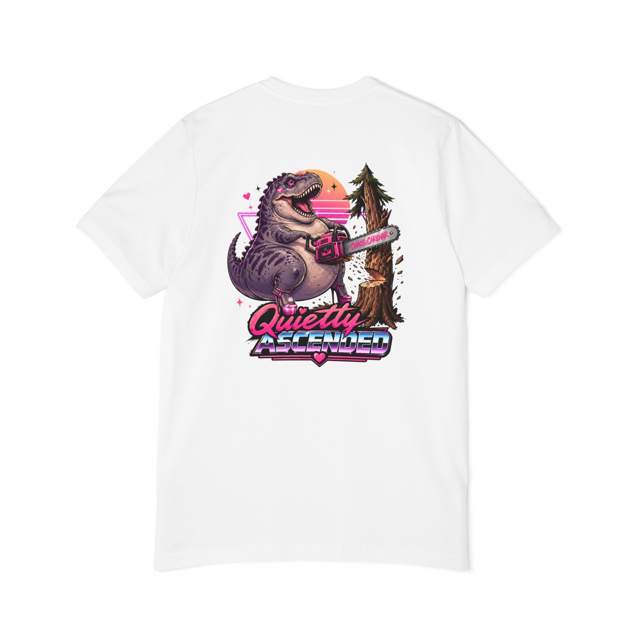 T-Shirt — "Quietly Ascended" Retro Dino Chainsaw Graphic Tee