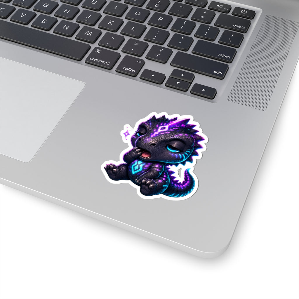 Sleepy T-Rex Sticker — Cozy Neon Chibi Dino Kiss-Cut Vinyl Decal