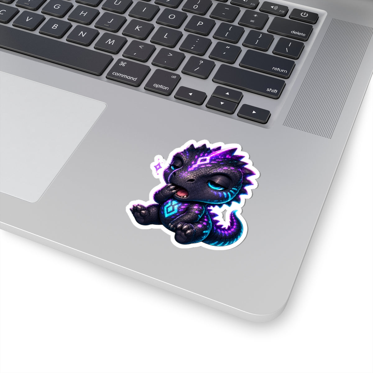 Sleepy T-Rex Sticker — Cozy Neon Chibi Dino Kiss-Cut Vinyl Decal