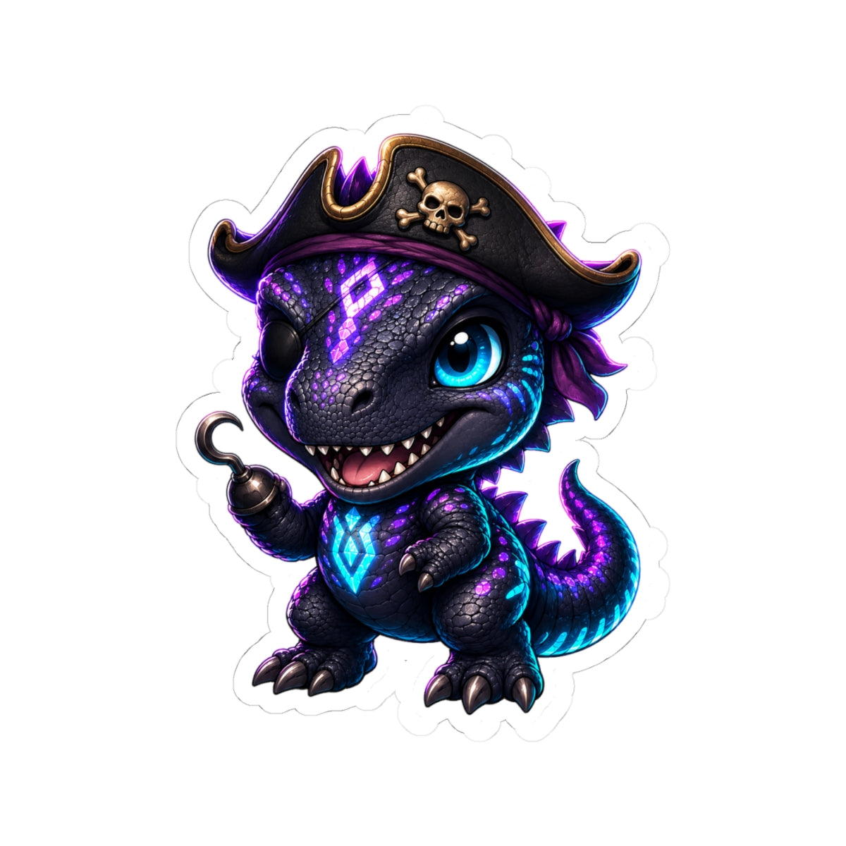 Pirate Dino Vinyl Sticker — Cute Neon T-Rex Pirate Kiss-Cut Decal