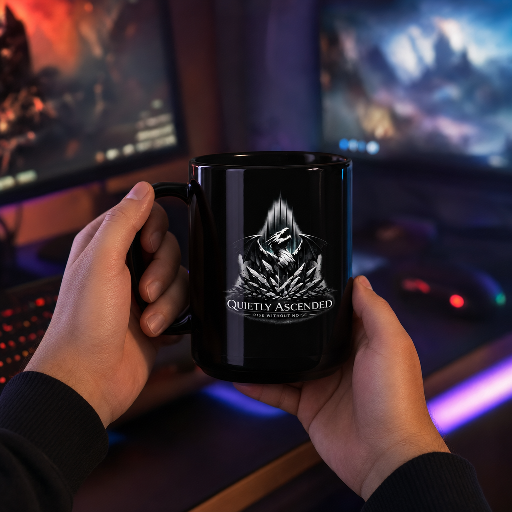 Black Glossy Server Support Ceramic Mug — Quietly Ascended — AI-generated lifestyle photo (default)