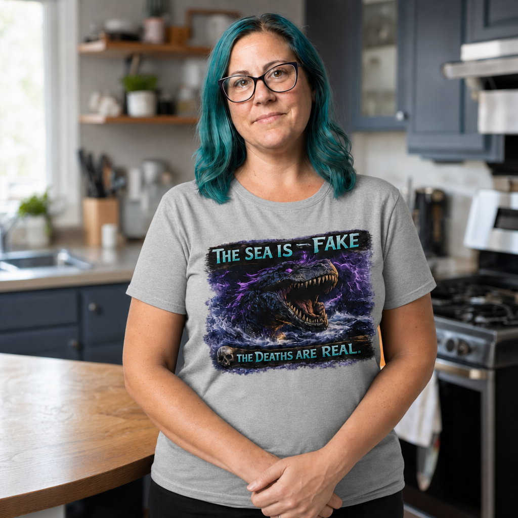 The Sea Is Fake T-Shirt — Quietly Ascended — AI-generated lifestyle photo (athletic heather__jess)