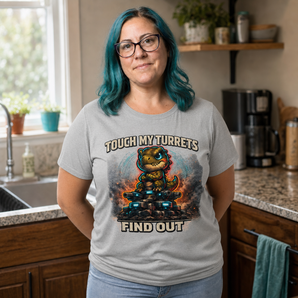 Touch My Turrets, Find Out T-Shirt — Quietly Ascended — AI-generated lifestyle photo (athletic heather__jess)