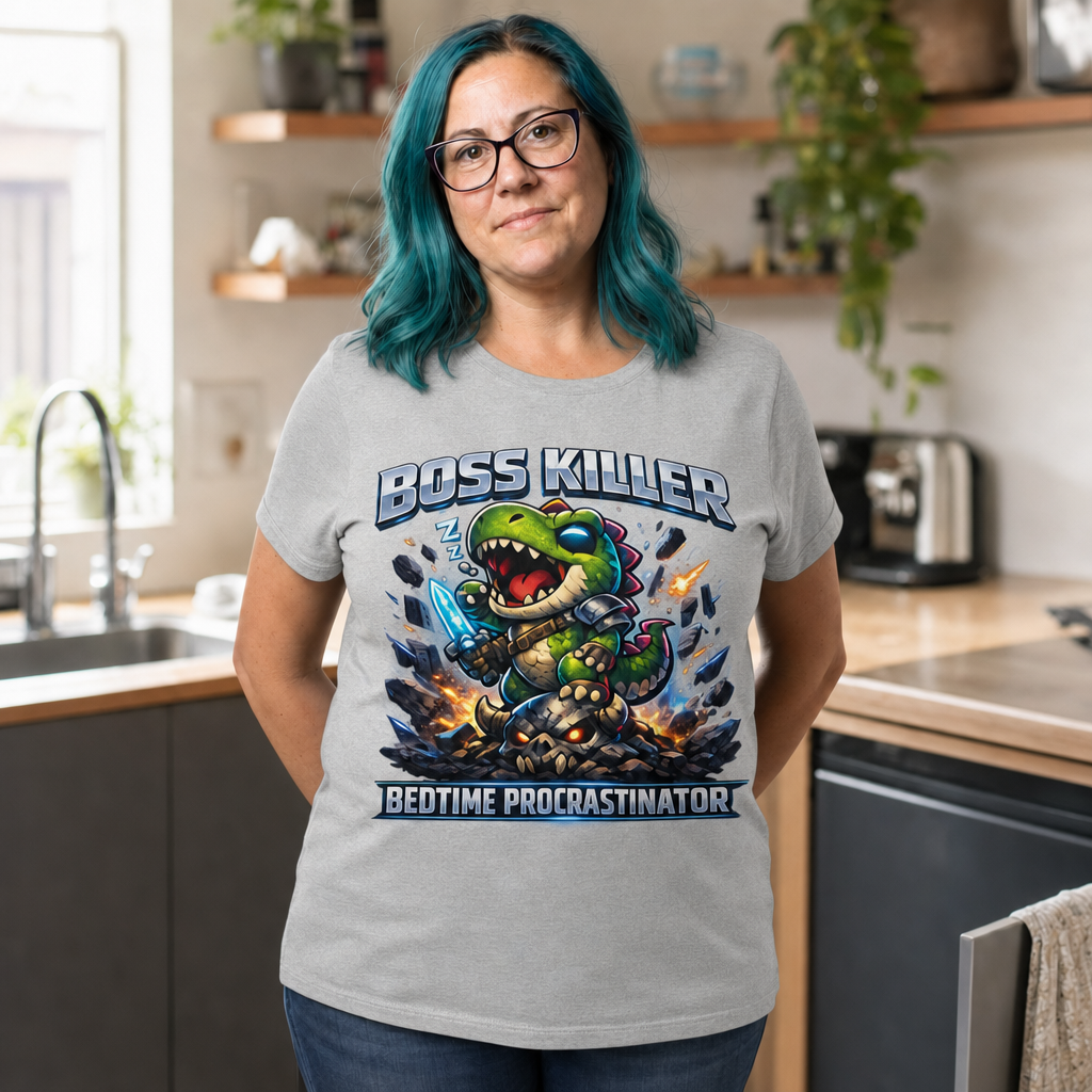 Boss Killer, Bedtime Procrastinator T-Shirt — Alt Print — Quietly Ascended — AI-generated lifestyle photo (athletic heather__jess)