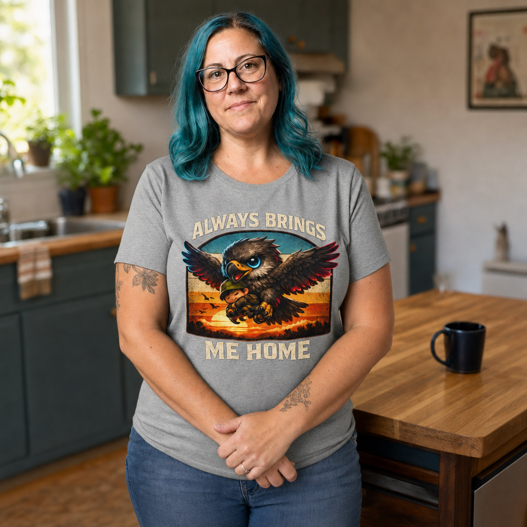 Always Brings Me Home T-Shirt — Quietly Ascended — AI-generated lifestyle photo (athletic heather__jess)