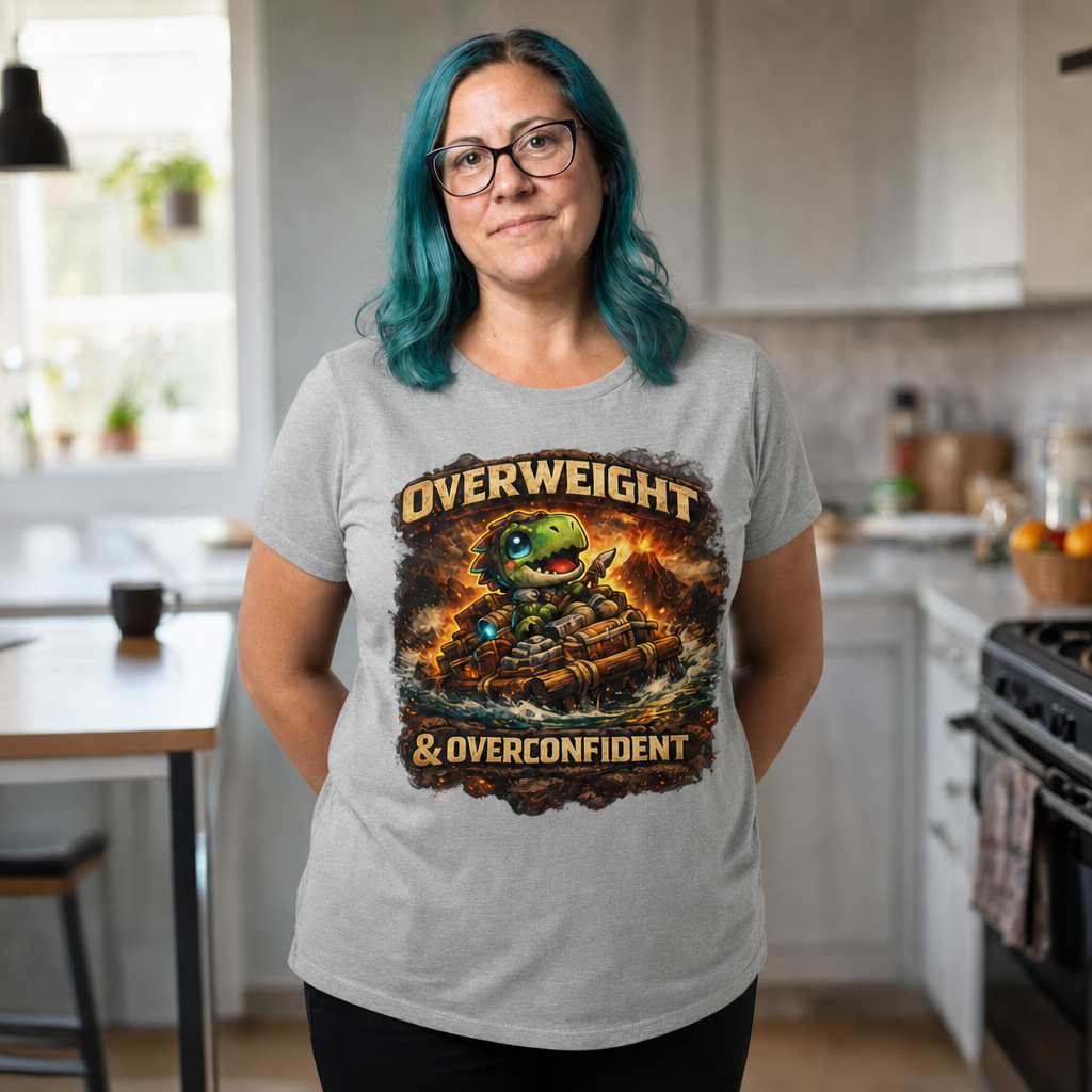 Overweight & Overconfident T-Shirt — Quietly Ascended — AI-generated lifestyle photo (athletic heather__jess)