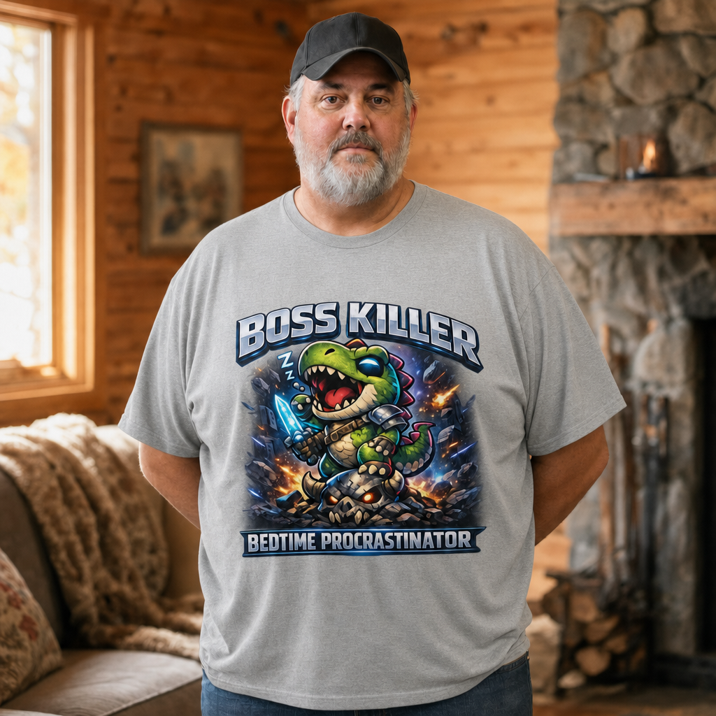 Boss Killer, Bedtime Procrastinator T-Shirt — Alt Print — Quietly Ascended — AI-generated lifestyle photo (athletic heather__mac)