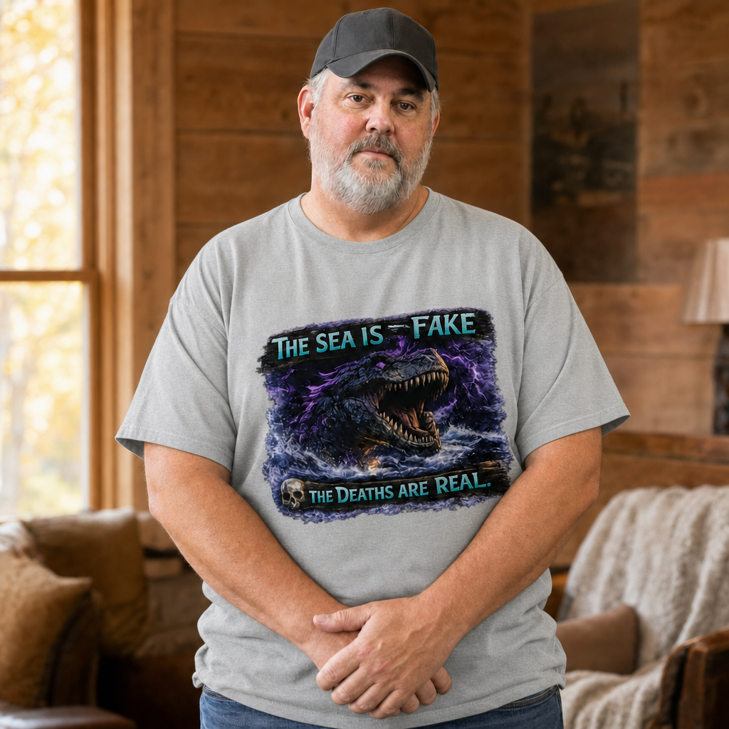 The Sea Is Fake T-Shirt — Quietly Ascended — AI-generated lifestyle photo (athletic heather__mac)
