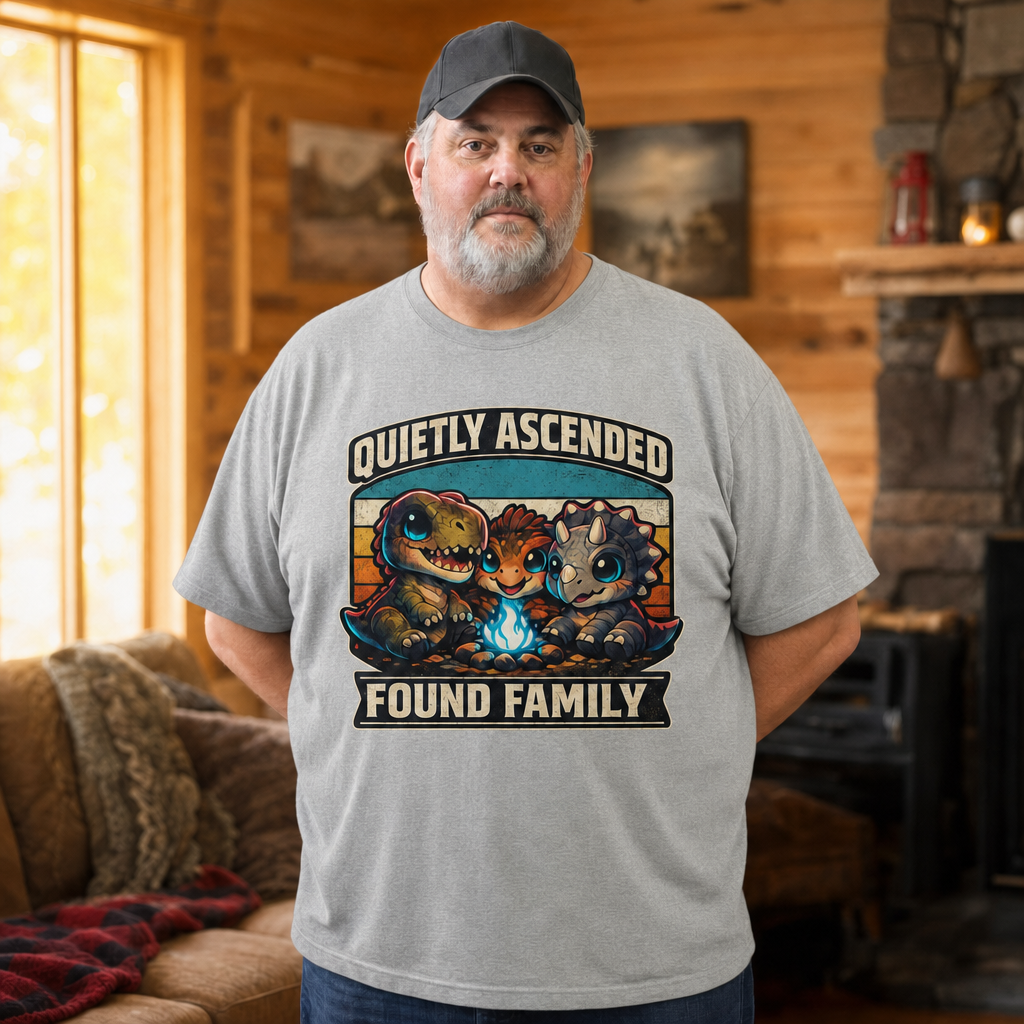 Found Family T-Shirt — Quietly Ascended — AI-generated lifestyle photo (athletic heather__mac)
