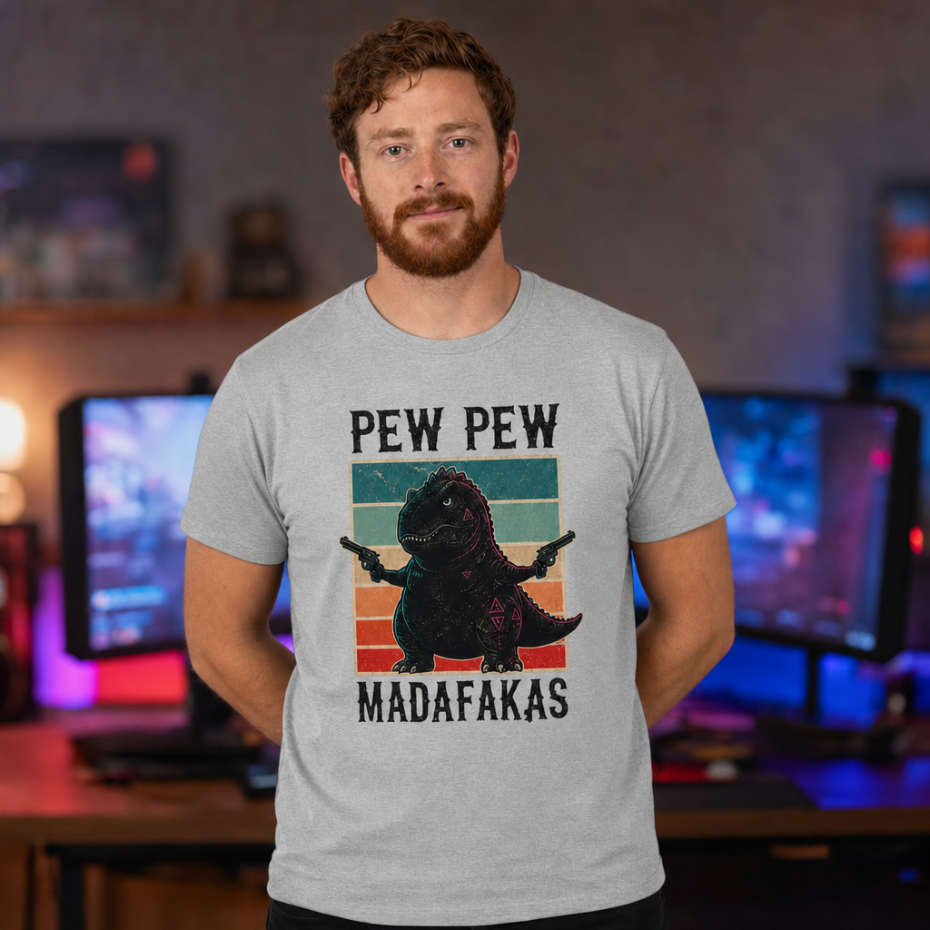 Pew Pew Madness T-Shirt — Alt Print — Quietly Ascended — AI-generated lifestyle photo (athletic heather__ryan)