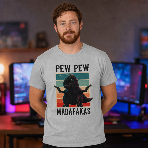 Pew Pew Madness T-Shirt — Alt Print — Quietly Ascended — AI-generated lifestyle photo (athletic heather__ryan)