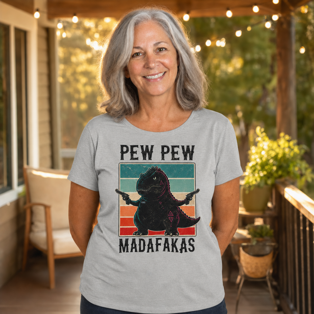 Pew Pew Madness T-Shirt — Alt Print — Quietly Ascended — AI-generated lifestyle photo (athletic heather__sam)