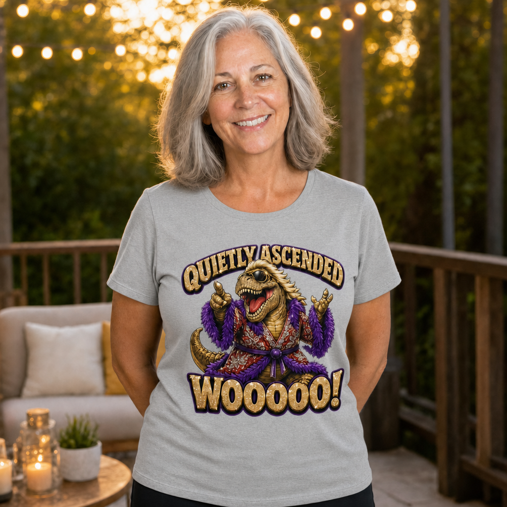 Woooo! T-Shirt — Quietly Ascended — AI-generated lifestyle photo (athletic heather__sam)