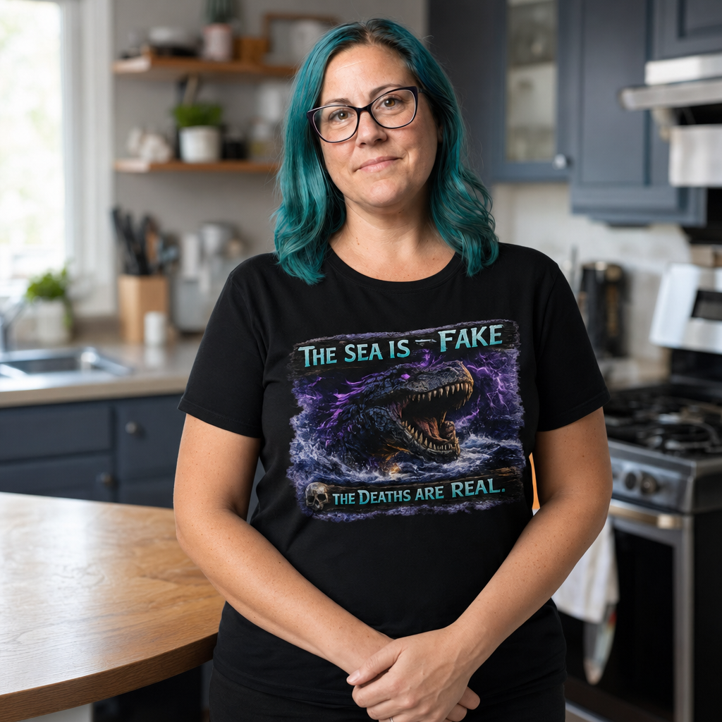 The Sea Is Fake T-Shirt — Quietly Ascended — AI-generated lifestyle photo (black__jess)