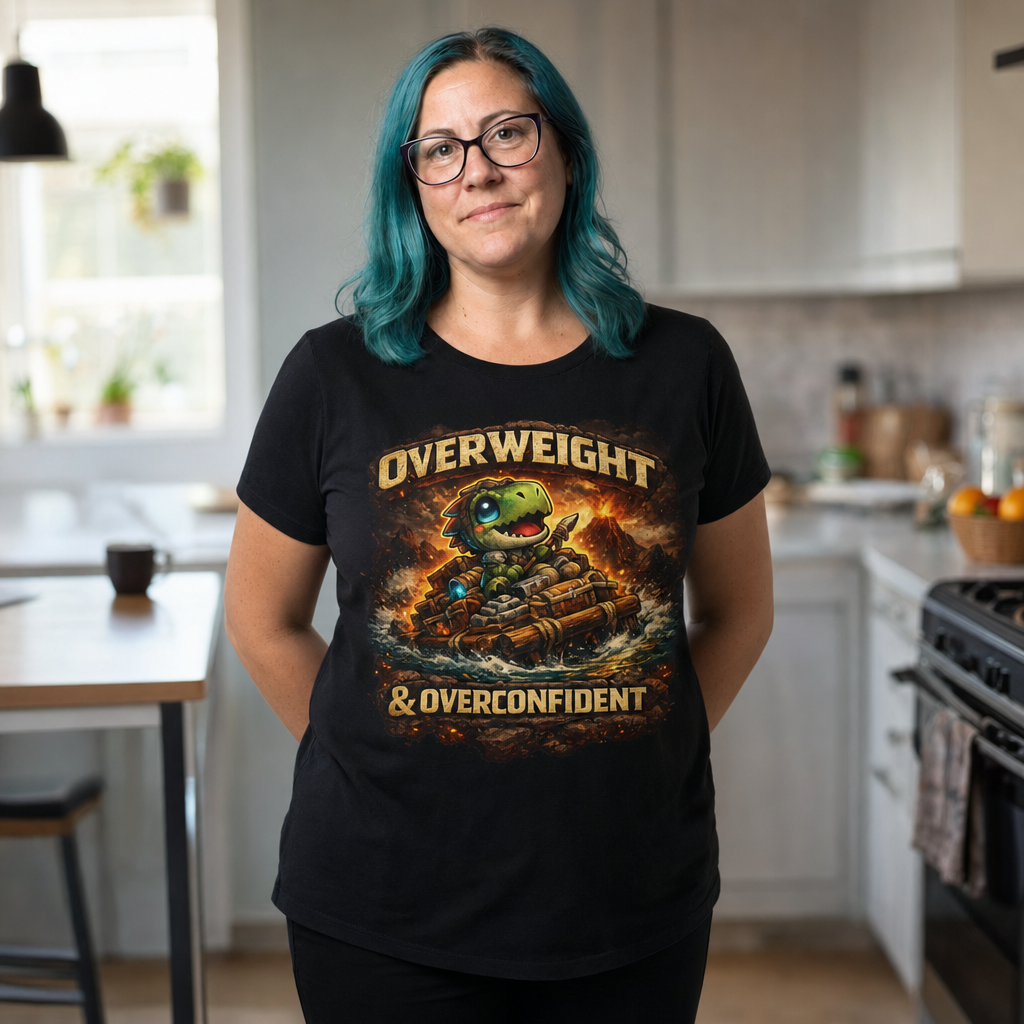 Overweight & Overconfident T-Shirt — Quietly Ascended — AI-generated lifestyle photo (black__jess)