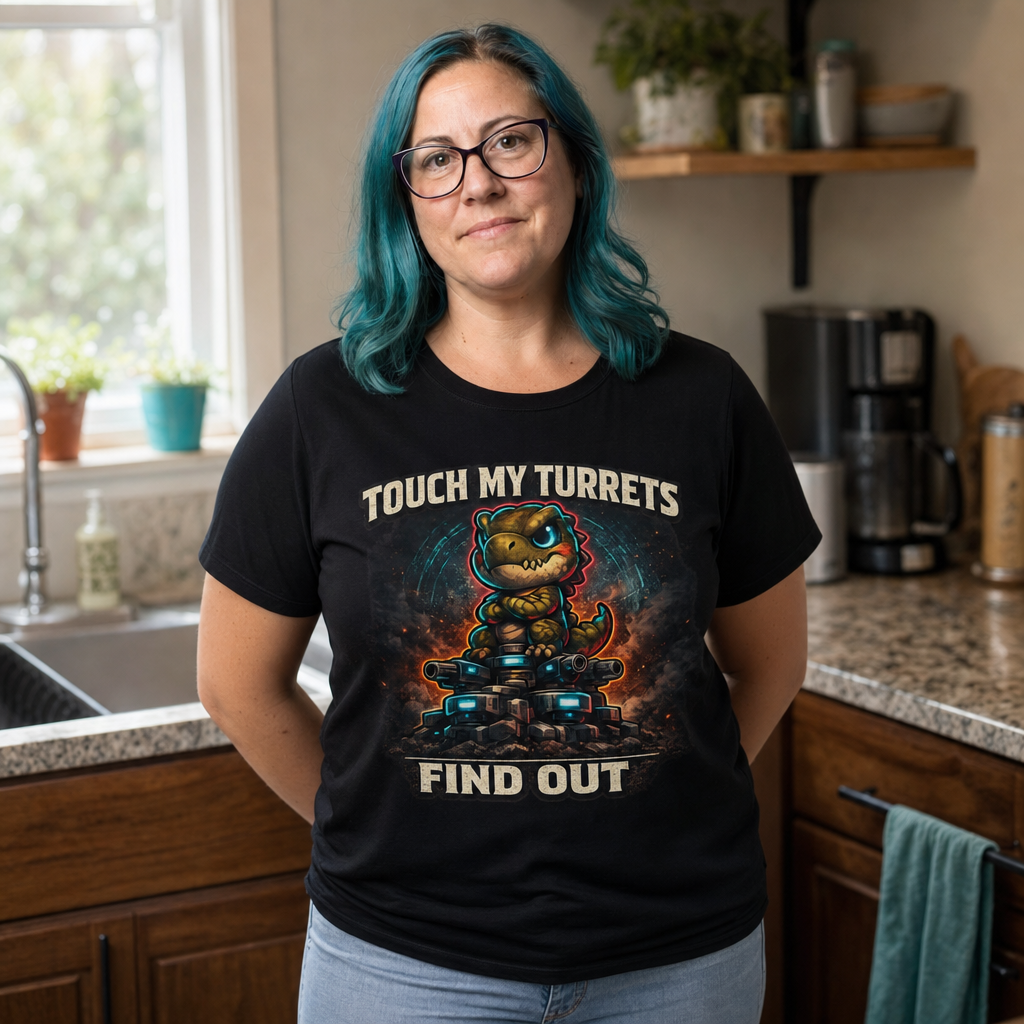 Touch My Turrets, Find Out T-Shirt — Quietly Ascended — AI-generated lifestyle photo (black__jess)