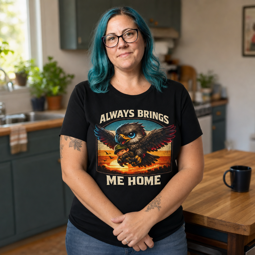 Always Brings Me Home T-Shirt — Quietly Ascended — AI-generated lifestyle photo (black__jess)