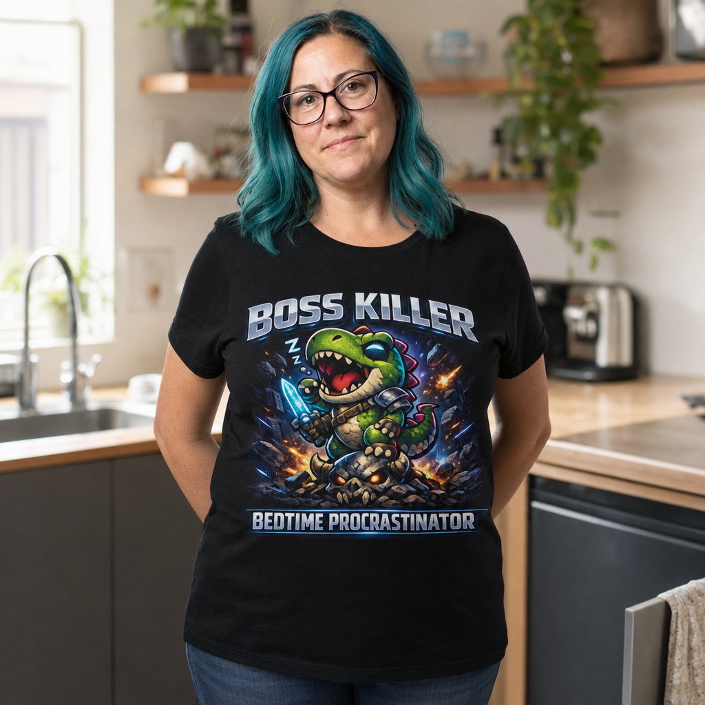 Boss Killer, Bedtime Procrastinator T-Shirt — Alt Print — Quietly Ascended — AI-generated lifestyle photo (black__jess)