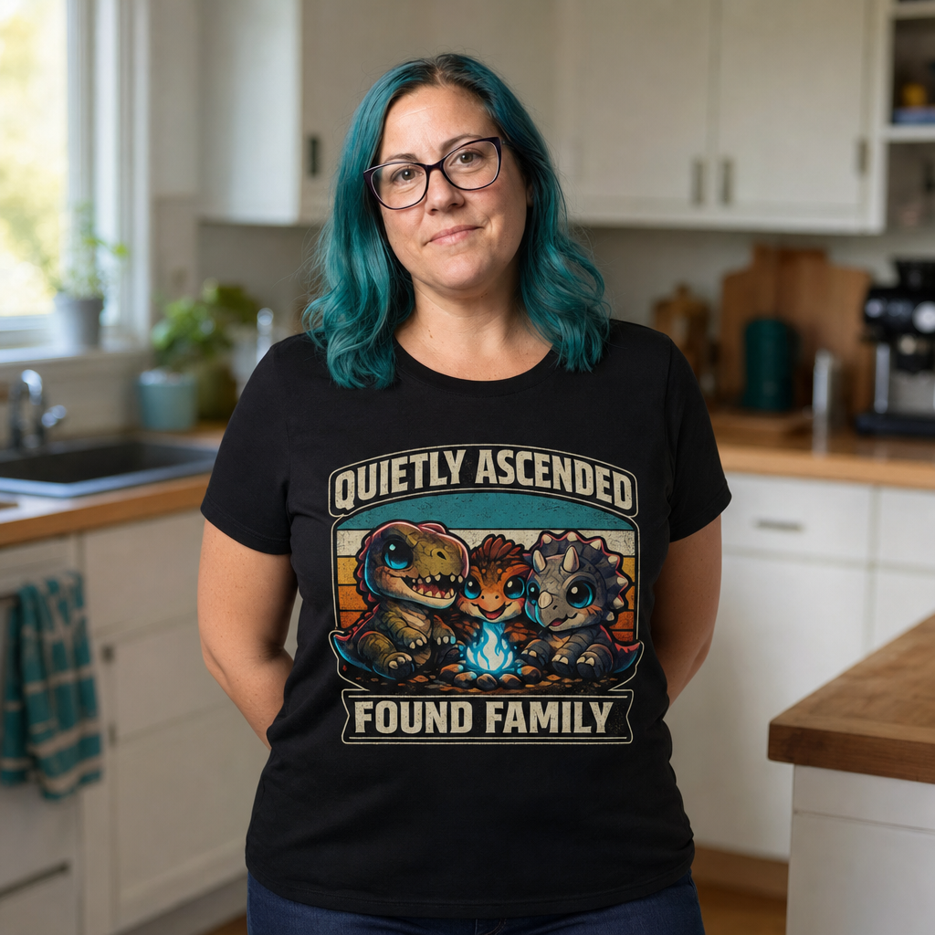 Found Family T-Shirt — Quietly Ascended — AI-generated lifestyle photo (black__jess)