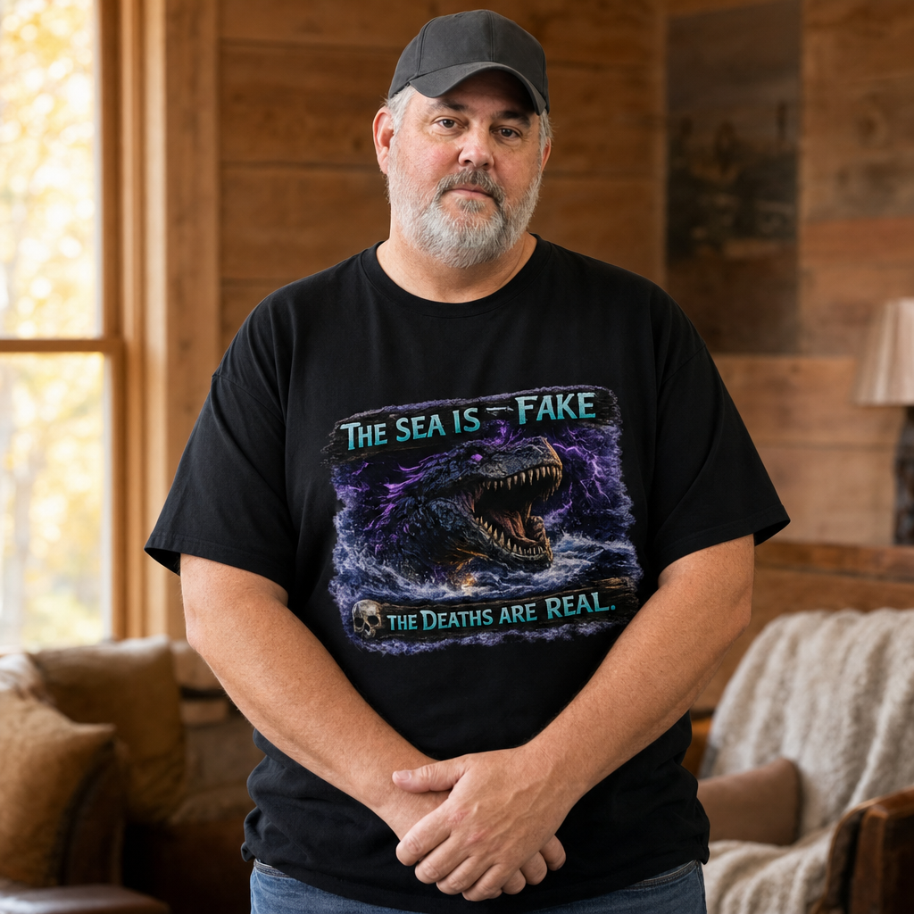 The Sea Is Fake T-Shirt — Quietly Ascended — AI-generated lifestyle photo (black__mac)