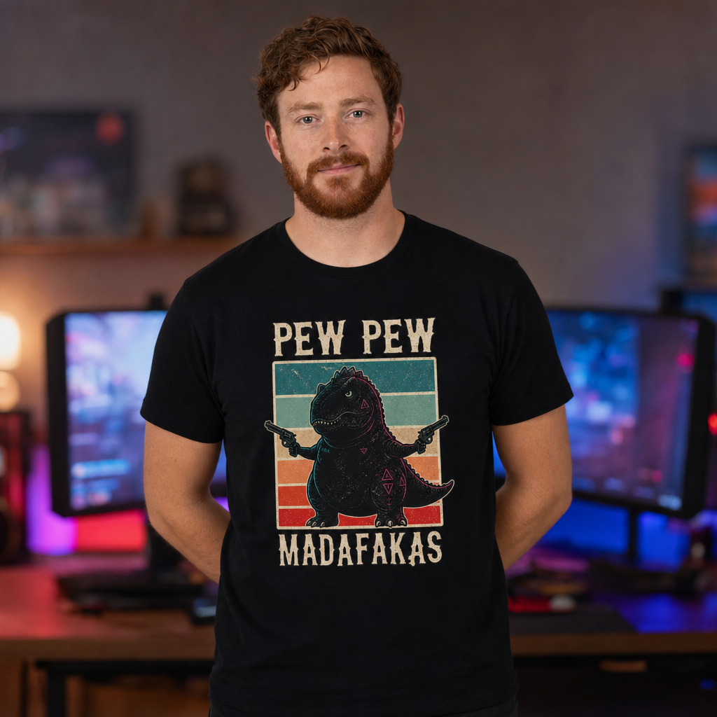 Pew Pew Madness T-Shirt — Alt Print — Quietly Ascended — AI-generated lifestyle photo (black__ryan)